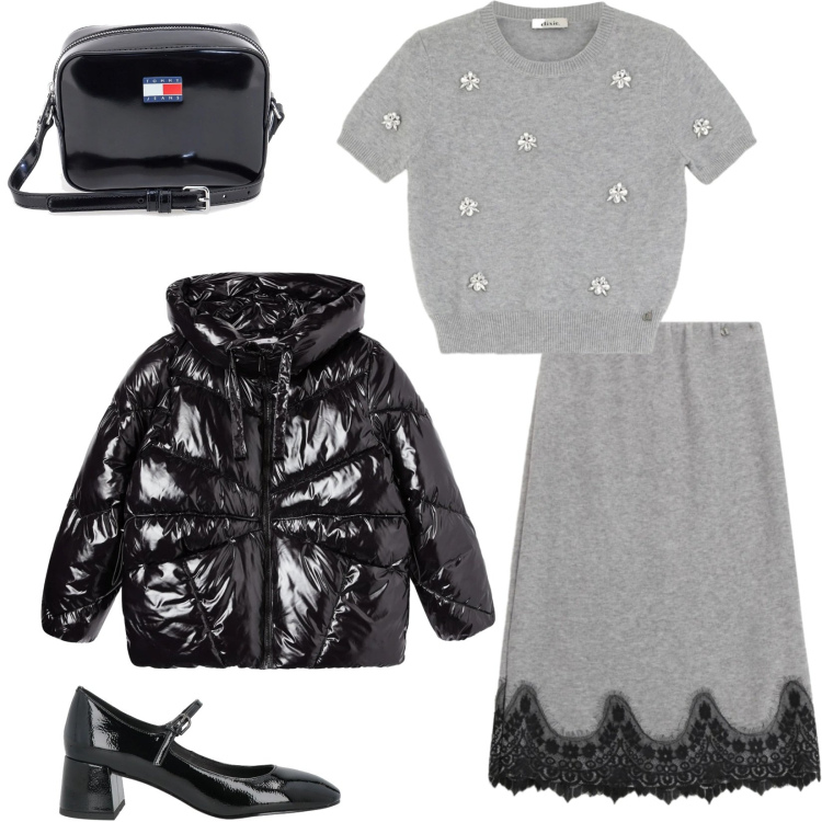 Outfit donna - Winter in soft grey. Stile Glamour per Tutti i giorni. Abbinamento con décolleté, gonne longuette, maglieria, bomber, borse a tracolla.