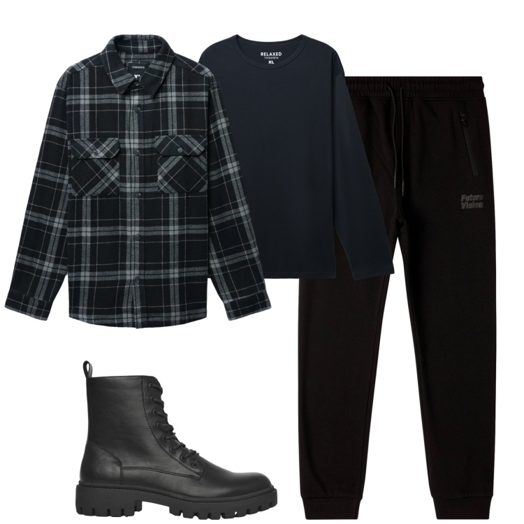 Outfit uomo - Terranova. Stile Casual per Tutti i giorni. Abbinamento con anfibi, pantaloni, cappotti, t-shirt.