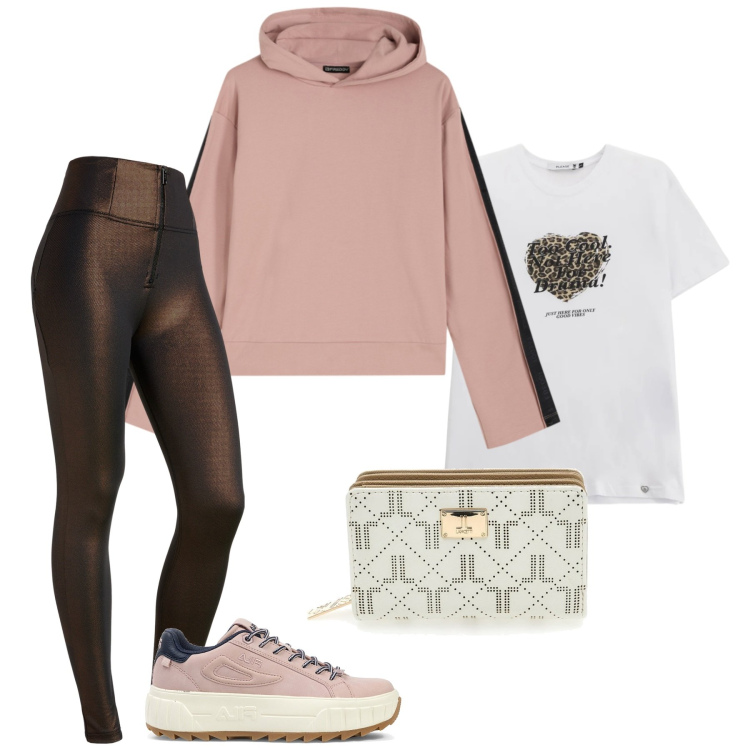 Outfit donna - Total look #2311945. Stile Sporty chic per Sport. Abbinamento con t-shirt, pantaloni skinny, felpe con cappuccio, sneakers, portafogli.