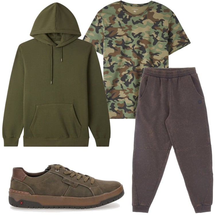 Outfit uomo - Look pratico. Stile Casual per Tutti i giorni. Abbinamento con t-shirt, felpe con cappuccio, sneakers, pantaloni.