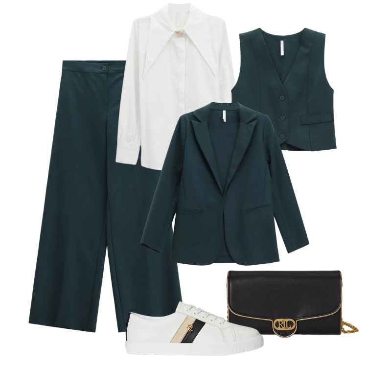 Outfit donna - Forest green Imperial. Stile Casual chic per Serata fuori. Abbinamento con blazer, pantaloni a palazzo, camicie, gilet, sneakers, borse a tracolla.