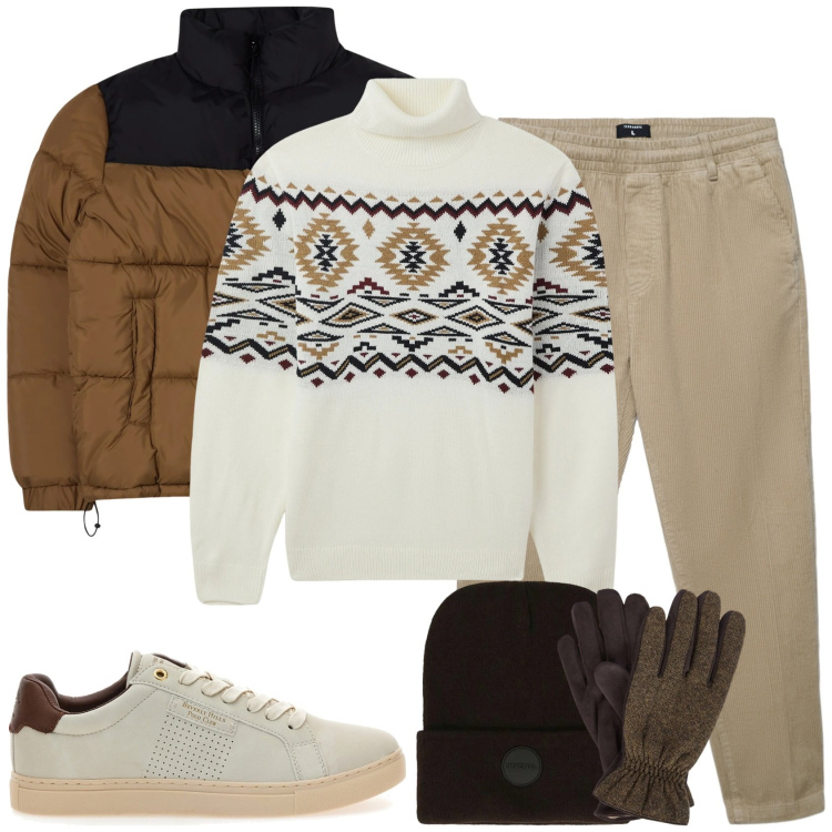 Outfit uomo - Un maglione evergreen. Stile Casual per Tutti i giorni. Abbinamento con bomber, maglieria, pantaloni, berretti, sneakers, guanti.