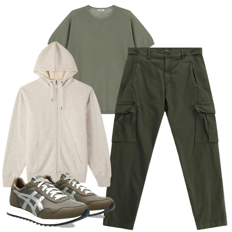 Outfit uomo - Gennaio. Stile Casual per Tutti i giorni. Abbinamento con felpe con cappuccio, t-shirt, pantaloni cargo, sneakers.