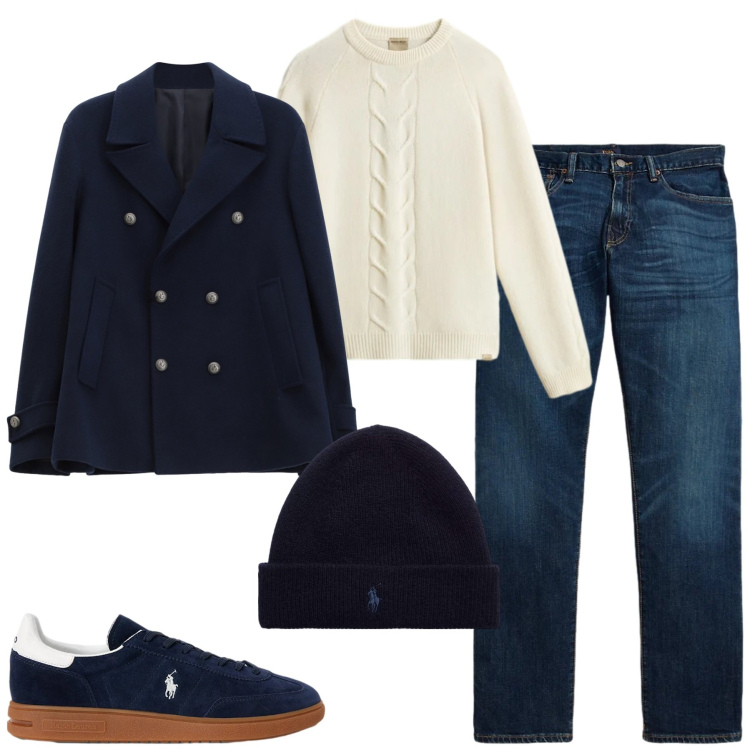 Outfit uomo - City. Stile Casual per Tutti i giorni. Abbinamento con cappotti, sneakers, jeans dritti, berretti, maglieria.