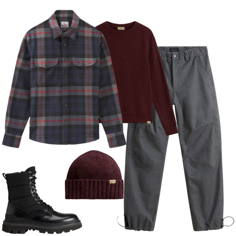 Outfit uomo - Woolrich. Stile Casual per Tutti i giorni. Abbinamento con pantaloni, berretti, maglieria, cappotti, anfibi.
