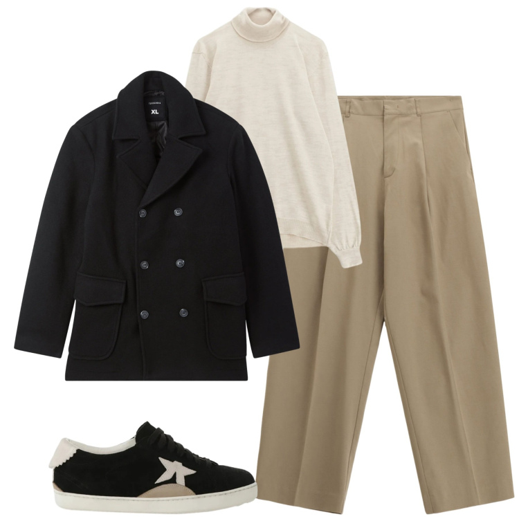 Outfit uomo - Gennaio. Stile Urban per Tutti i giorni. Abbinamento con caban, pantaloni, maglieria, sneakers.