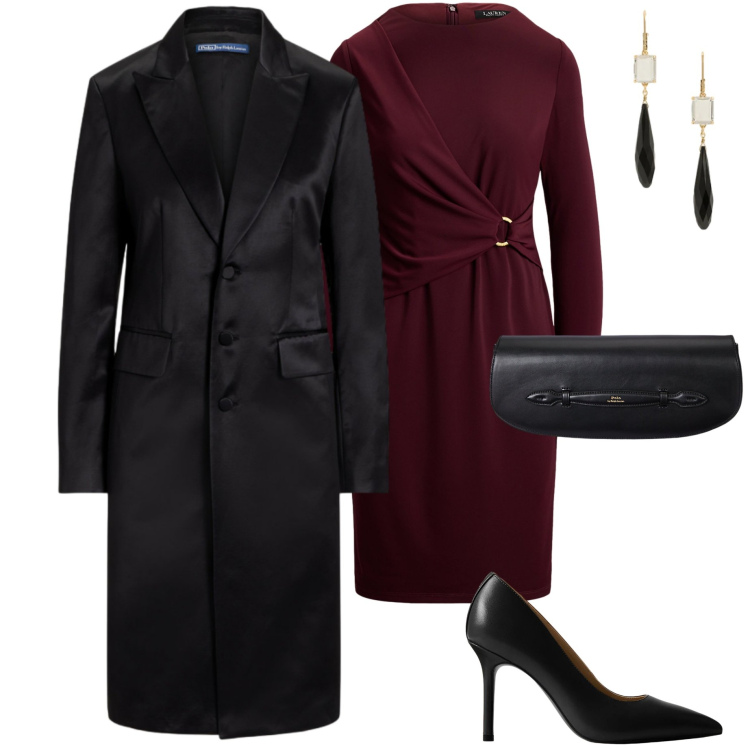 Outfit donna - Il cappotto nero. Stile Chic per Cerimonia. Abbinamento con clutch, vestiti, décolleté, orecchini, cappotti.