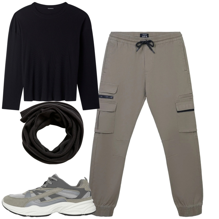Outfit uomo - Total look #2311962. Stile Casual per Tutti i giorni. Abbinamento con sneakers, pantaloni cargo, sciarpe, maglieria.