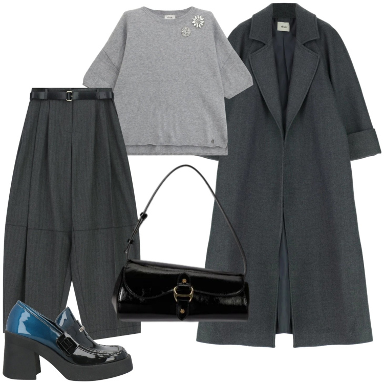 Outfit donna - Cielo plumbeo. Stile Casual chic per Tutti i giorni. Abbinamento con mocassini, pantaloni, maglieria, cappotti, borse a spalla.