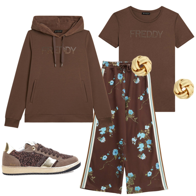 Outfit donna - Total look #2311970. Stile Sporty chic per Tutti i giorni. Abbinamento con pantaloni sportivi, t-shirt, felpe sportive, orecchini, sneakers.