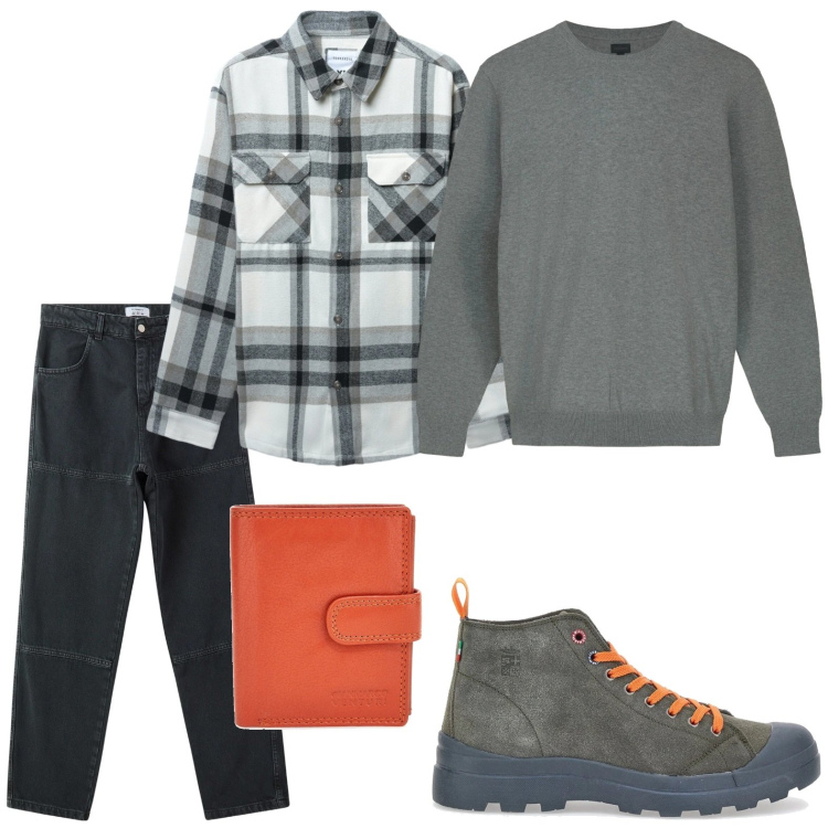 Outfit uomo - Outfit di tendenza. Stile Casual per Tutti i giorni. Abbinamento con pantaloni, cappotti, portafogli, stivali e stivaletti, maglieria.