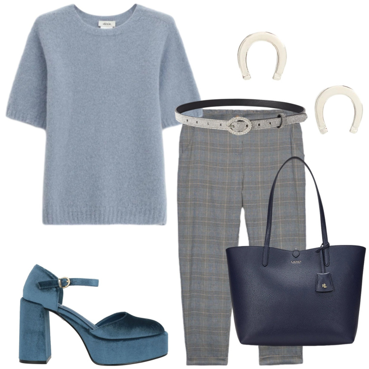 Outfit donna - Total look #2311978. Stile Glamour per Ufficio. Abbinamento con décolleté, cinture, maglieria, borse tote, orecchini, pantaloni.