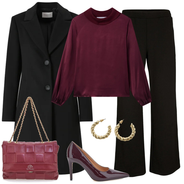 Outfit donna - Se fossi... mi vestirei così!. Stile Chic per Ufficio. Abbinamento con pantaloni a palazzo, bluse, orecchini, cappotti, décolleté, borse a tracolla.