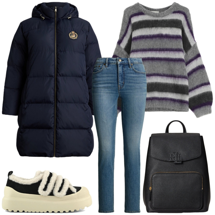 Outfit donna - Total look #2311983. Stile Basic per Tutti i giorni. Abbinamento con maglieria, zaini, jeans dritti, piumini, sneakers.