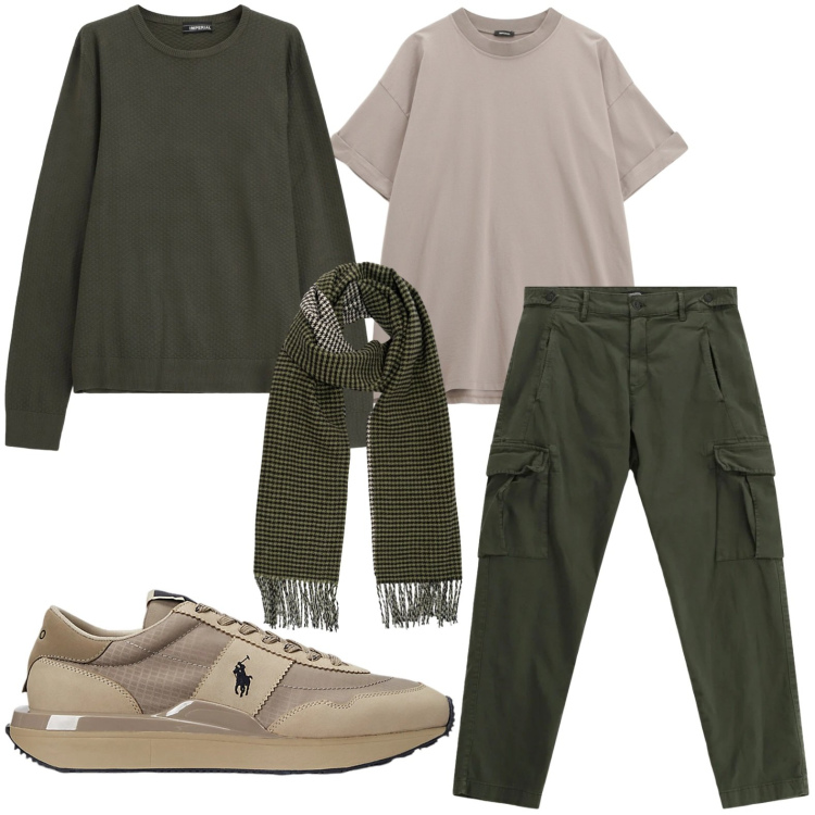 Outfit uomo - Guardaroba contemporaneo. Stile Casual per Ufficio. Abbinamento con t-shirt, maglieria, pantaloni cargo, sneakers, sciarpe.