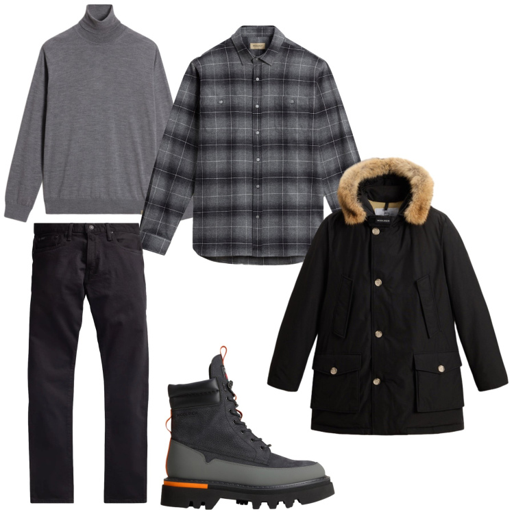 Outfit uomo - Look con overshirt. Stile Urban per Tutti i giorni. Abbinamento con jeans, camicie, stivali e stivaletti, maglieria, parka.