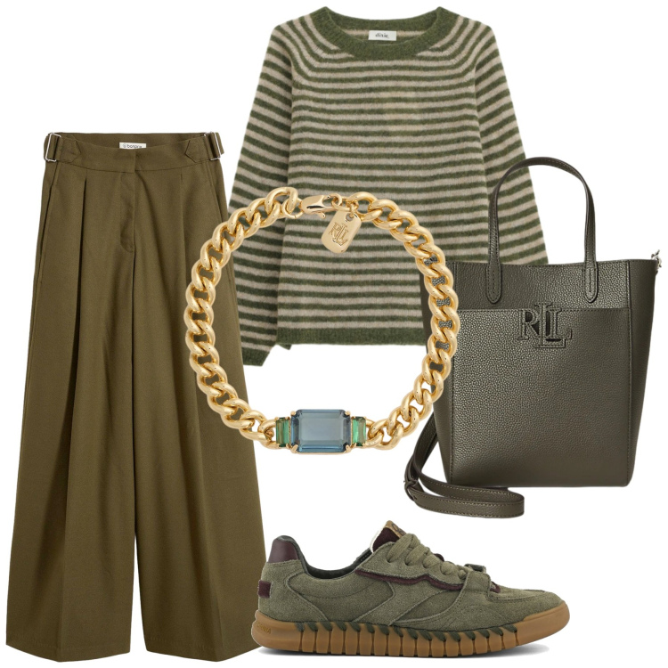 Outfit donna - Total look #2311991. Stile Sporty chic per Tutti i giorni. Abbinamento con pantaloni, maglieria, borse tote, braccialetti, sneakers.