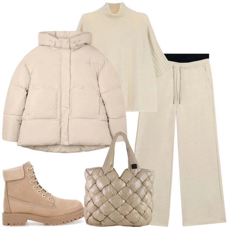 Outfit donna - Winter white. Stile Casual chic per Tutti i giorni. Abbinamento con bomber, maglieria, pantaloni, borse tote, stivaletti.