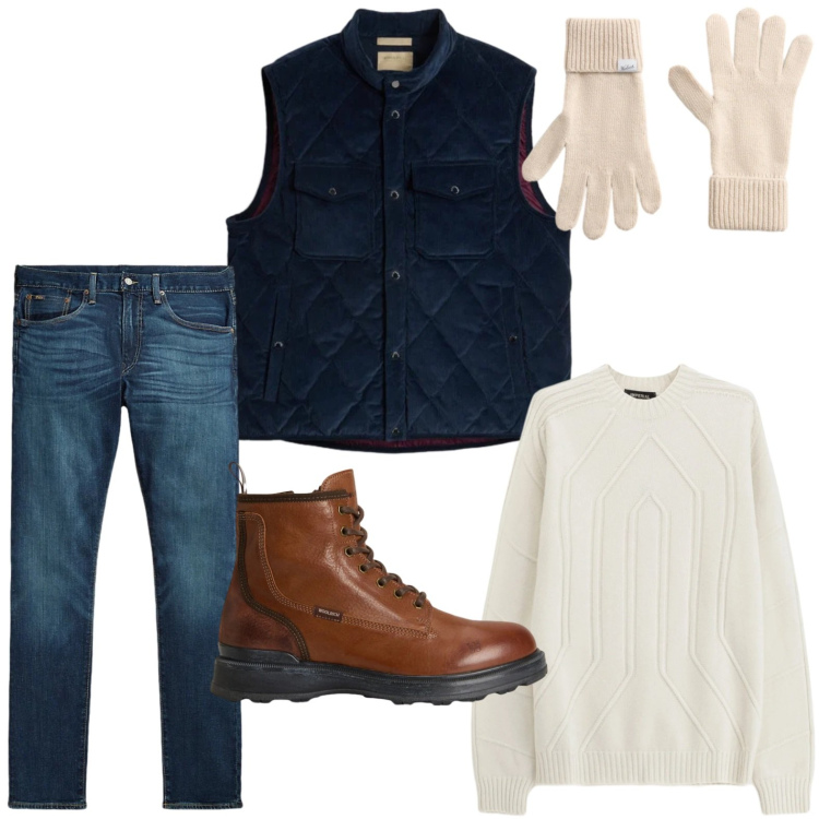 Outfit uomo - I guanti morbidi. Stile Trendy per Ufficio. Abbinamento con pullovers, jeans, anfibi, guanti, gilet.