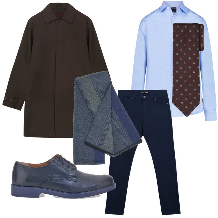Outfit uomo - La sciarpa raffinata. Stile Casual per Ufficio. Abbinamento con pantaloni skinny, camicie, sciarpe, cravatte, trench, scarpe stringate.