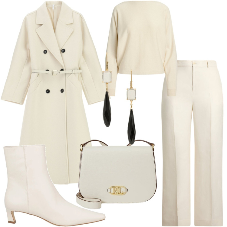 Outfit donna - Tonalità panna e burro. Stile Casual chic per Scuola/Università. Abbinamento con stivaletti, cappotti, orecchini, pantaloni, maglieria, borse a tracolla.