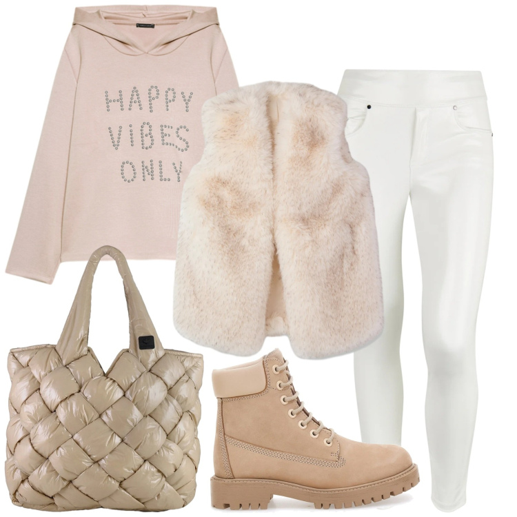 Outfit donna - Iniziamo col piede giusto. Stile Sporty chic per Tutti i giorni. Abbinamento con piumini, pantaloni skinny, borse tote, stivaletti, felpe con cappuccio.