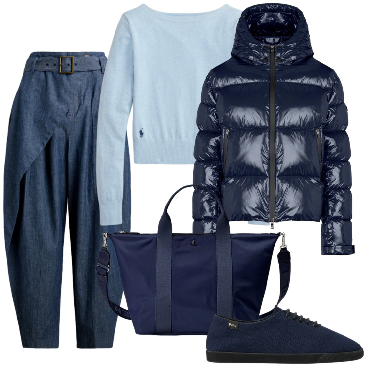 Outfit donna - 2026 in blu. Stile Casual chic per Ufficio. Abbinamento con borse tote, pantaloni, maglieria, sneakers, piumini.