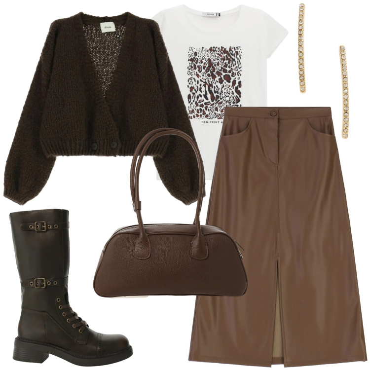 Outfit donna - City. Stile Trendy per Tutti i giorni. Abbinamento con t-shirt, stivali, gonne longuette, orecchini, borse a mano, cardigans.