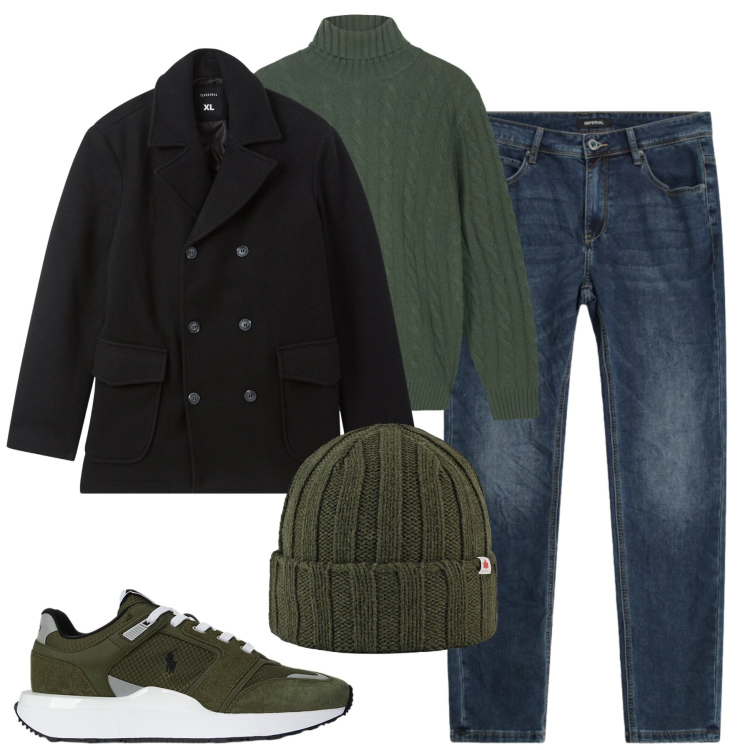 Outfit uomo - Rientro dalle feste. Stile Urban per Tutti i giorni. Abbinamento con caban, jeans slim fit, sneakers, cappelli, maglieria.