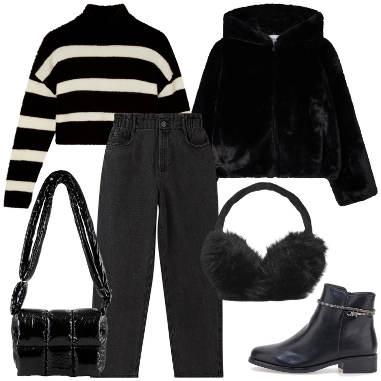 Outfit donna - Il cappotto nero. Stile Casual chic per Tutti i giorni. Abbinamento con jeans, maglieria, ecopellicce, cappelli, borse a spalla, stivaletti.
