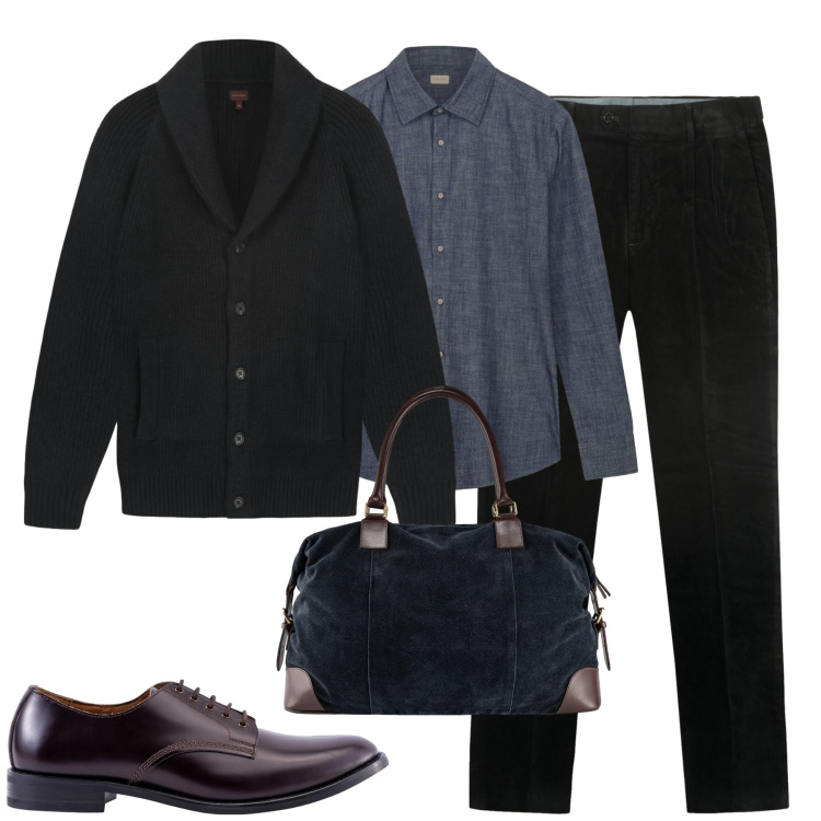 Outfit uomo - Layering. Stile Urban per Tutti i giorni. Abbinamento con scarpe stringate, borse sportive, camicie, pantaloni, cardigans.