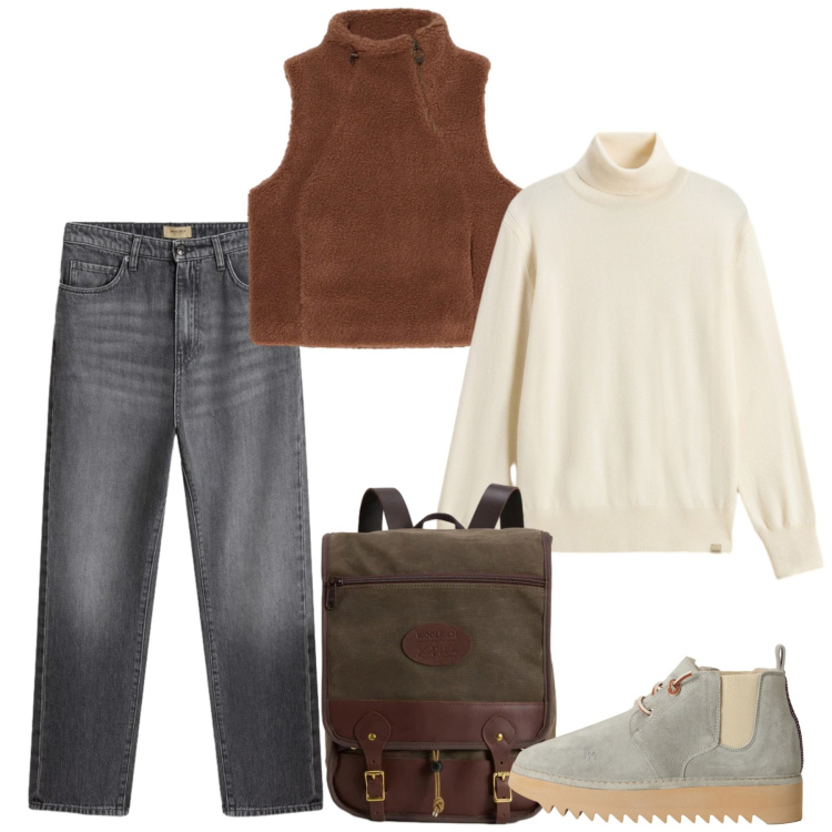 Outfit donna - Saldi Invernali Woolrich. Stile Casual per Tutti i giorni. Abbinamento con jeans, zaini, stivaletti, gilet, maglieria.