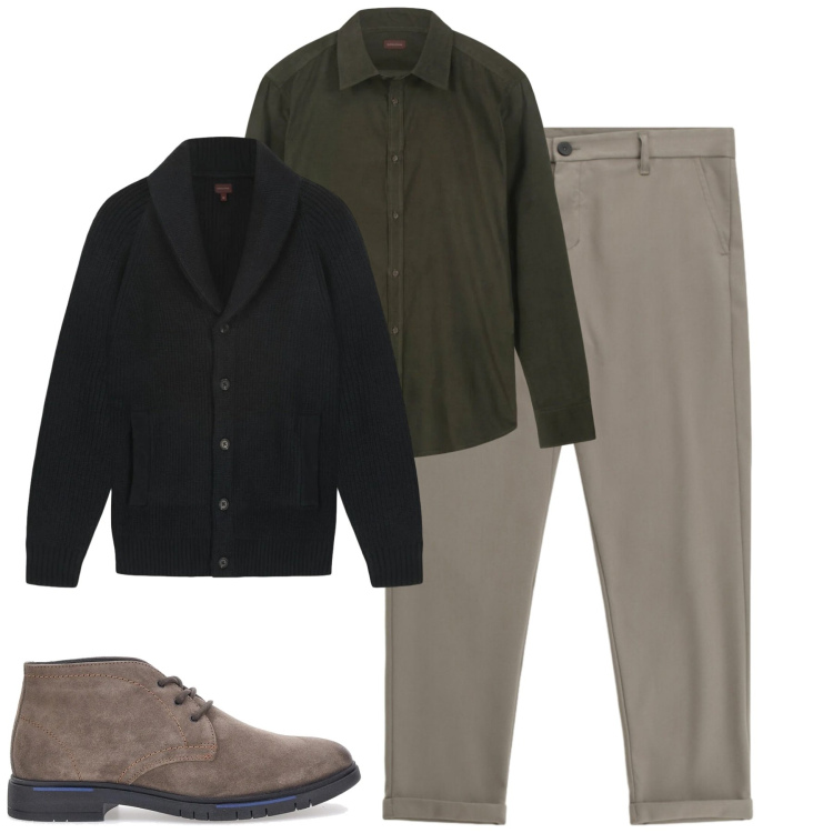 Outfit uomo - Gennaio. Stile Urban per Tutti i giorni. Abbinamento con pantaloni, scarpe stringate, camicie, cardigans.