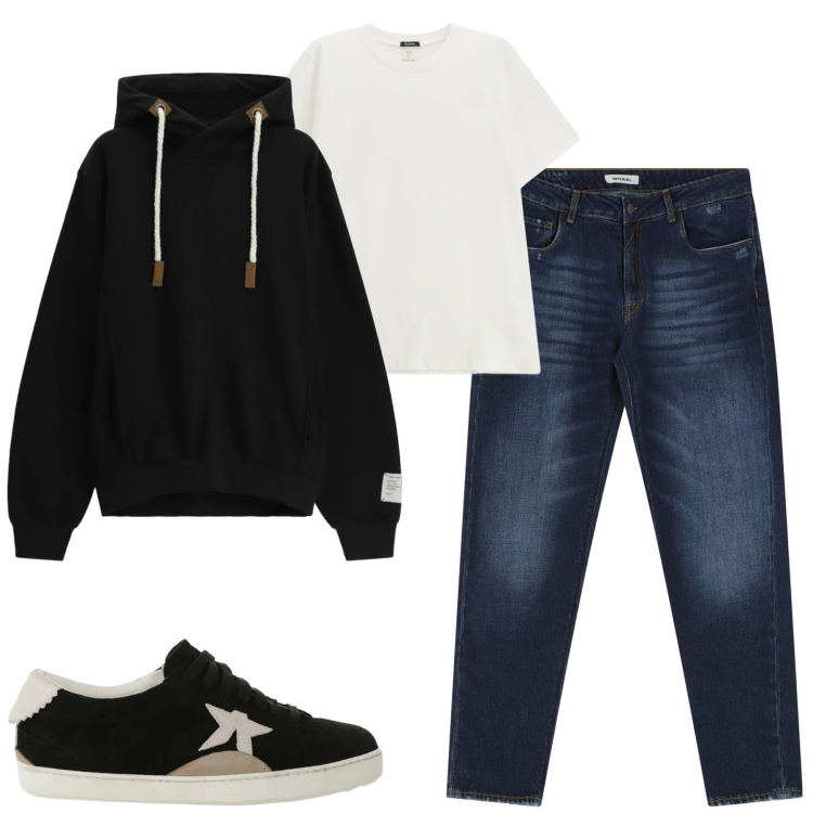 Outfit uomo - Gennaio casual. Stile Casual per Tutti i giorni. Abbinamento con jeans dritti, t-shirt, felpe con cappuccio, sneakers.