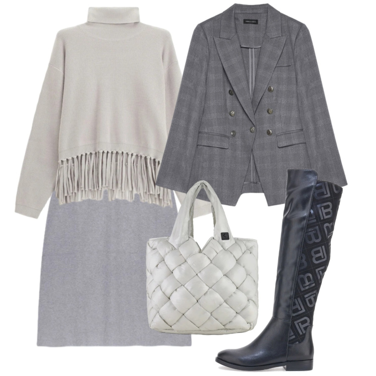 Outfit donna - Winter in Soft Grey. Stile Bon Ton per Tutti i giorni. Abbinamento con maglieria, borse tote, stivali sopra il ginocchio, blazer, gonne.