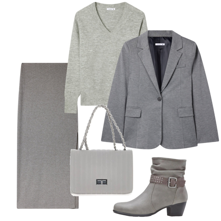 Outfit donna - Winter in Soft Grey. Stile Bon Ton per Tutti i giorni. Abbinamento con stivaletti, gonne lunghe, maglieria, blazer, borse a tracolla.