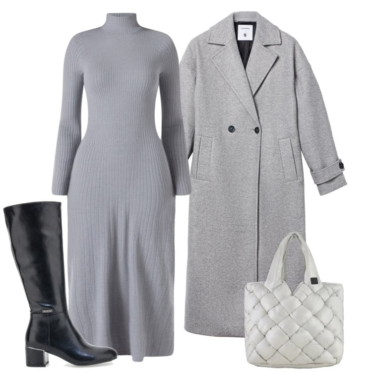 Outfit donna - Winter in Soft Grey. Stile Chic per Tutti i giorni. Abbinamento con cappotti, borse tote, vestiti midi/longuette, stivali.