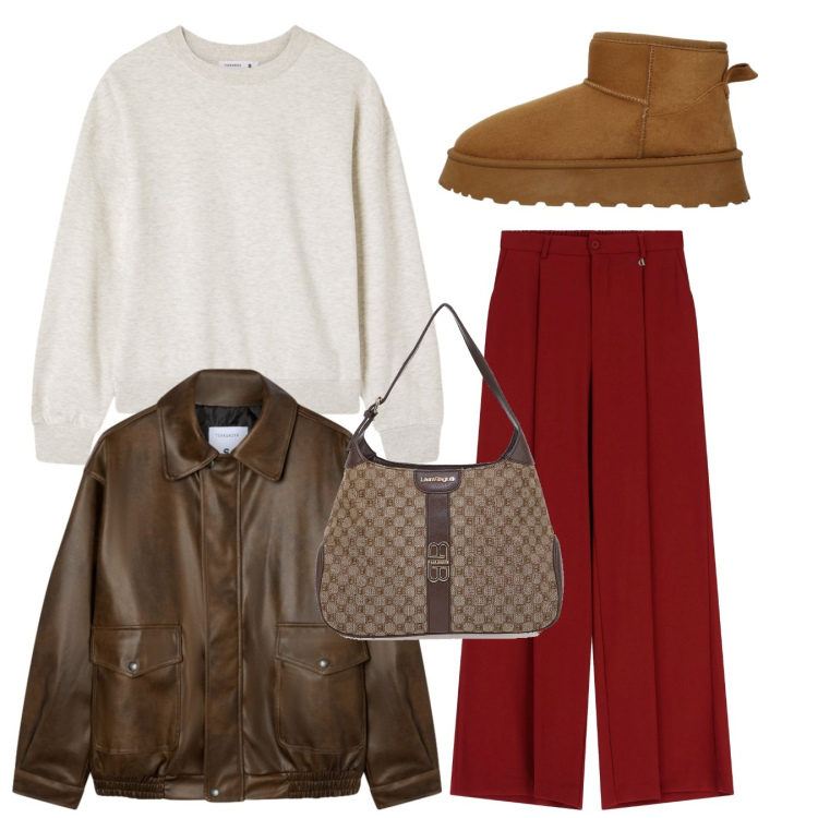 Outfit donna - Total look. Stile Bon Ton per Tutti i giorni. Abbinamento con stivali, felpe, giacche, pantaloni a palazzo, borse a spalla.