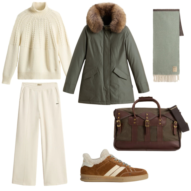 Outfit donna - Un caldo Woolrich per il freddo. Stile Casual per Tutti i giorni. Abbinamento con borse a tracolla, sneakers, maglieria, pantaloni, sciarpe, parka.