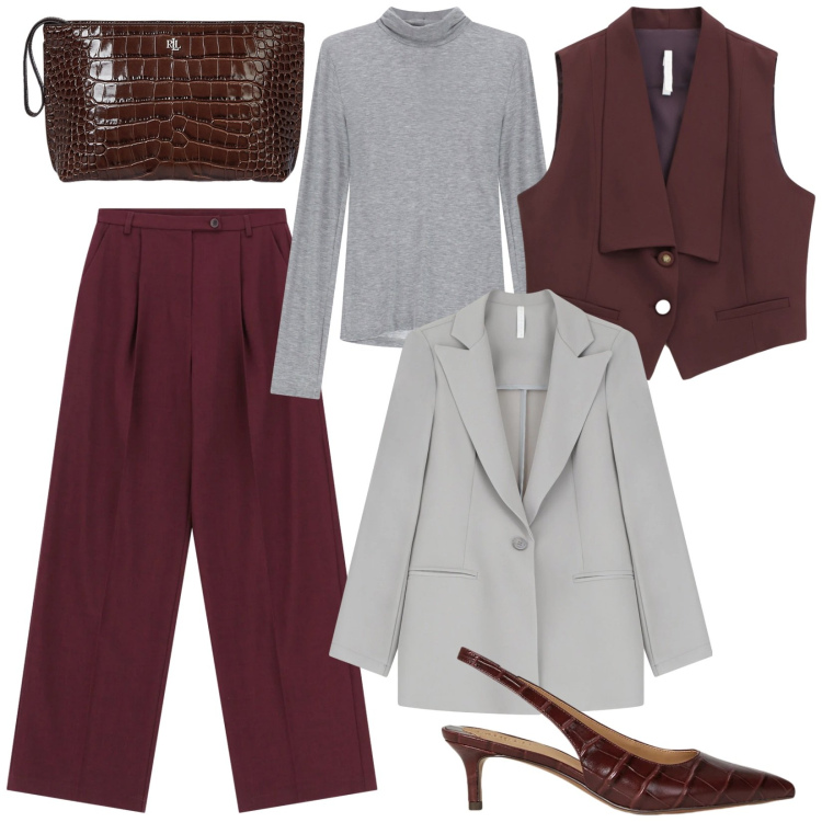 Outfit donna - Mannish chic. Stile Mannish per Tutti i giorni. Abbinamento con blazer, gilet, maglieria, pantaloni, pochette, décolleté.