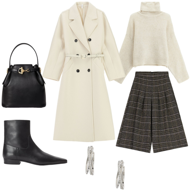 Outfit donna - Total look #2312037. Stile Glamour per Tutti i giorni. Abbinamento con cappotti, pantaloni a palazzo, maglieria, orecchini, stivaletti, borse a secchiello.