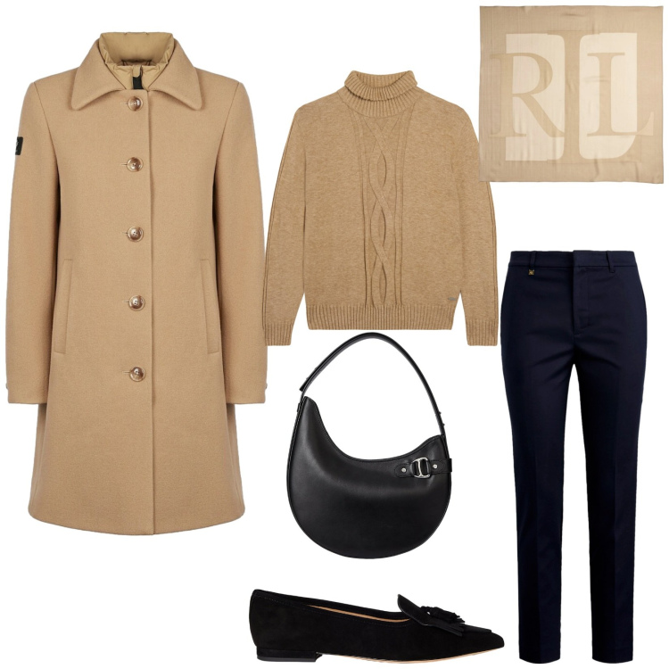 Outfit donna - Total look #2312039. Stile Bon Ton per Ufficio. Abbinamento con maglieria, borse a spalla, pantaloni, ballerine, sciarpe, cappotti.