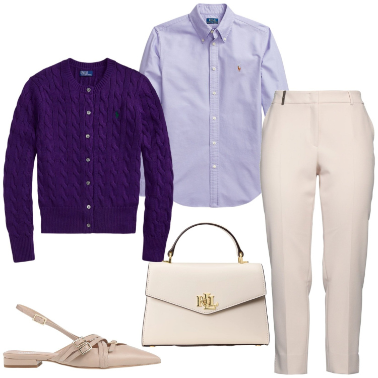 Outfit donna - Total look #2312041. Stile Bon Ton per Ufficio. Abbinamento con pantaloni, ballerine, borse a mano, camicie, cardigans.