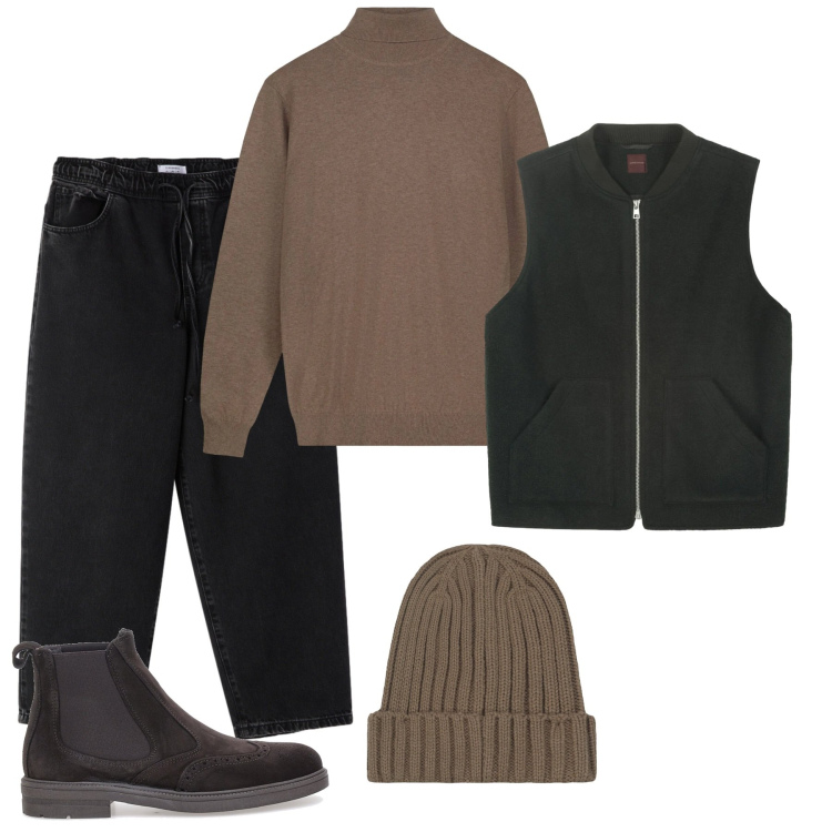 Outfit uomo - Gennaio. Stile Casual per Tutti i giorni. Abbinamento con jeans dritti, maglieria, berretti, piumini, stivali e stivaletti.