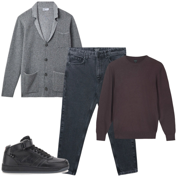 Outfit uomo - Total look #2312045. Stile Trendy per Tutti i giorni. Abbinamento con giacche, jeans strappati, sneakers, maglieria.