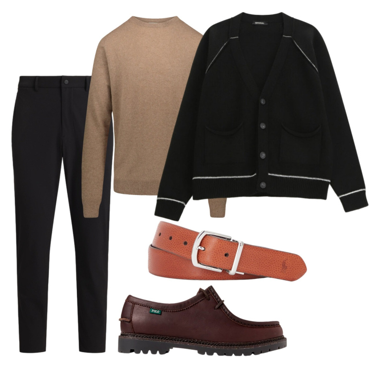 Outfit uomo - Gennaio in lana. Stile Casual per Serata speciale. Abbinamento con cardigans, cinture, scarpe stringate, pantaloni, maglieria.