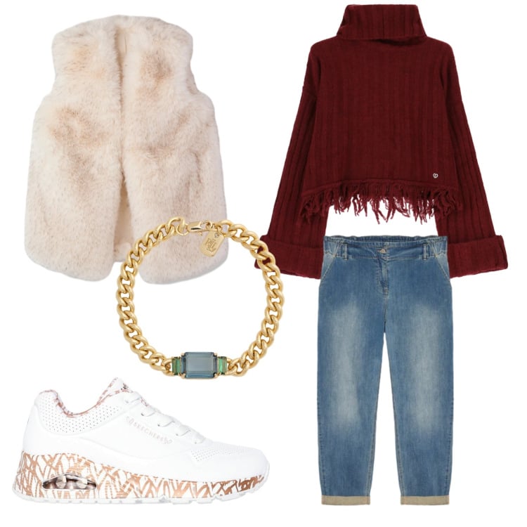 Outfit donna - Gold day. Stile Casual chic per Tutti i giorni. Abbinamento con piumini, maglieria, braccialetti, jeans, sneakers alte.