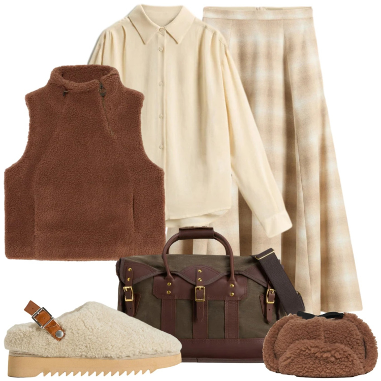 Outfit donna - Sognando un viaggio nel nord Europa!. Stile Casual per Tutti i giorni. Abbinamento con borse a tracolla, cappelli, sabot, gonne lunghe, camicie, gilet.