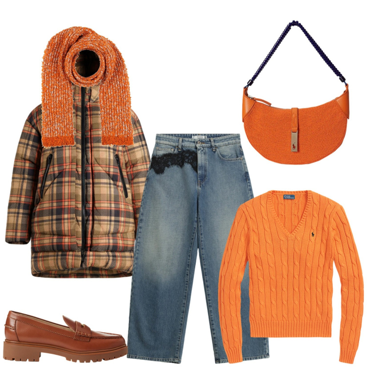 Outfit donna - Total look #2312057. Stile Urban per Tutti i giorni. Abbinamento con sciarpe, jeans, maglieria, borse a spalla, mocassini, blazer.