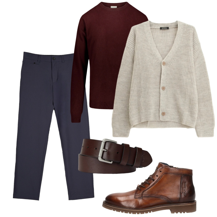Outfit uomo - Gennaio in lana. Stile Casual per Tutti i giorni. Abbinamento con cardigans, cinture, pantaloni chino, maglieria, stivali e stivaletti.